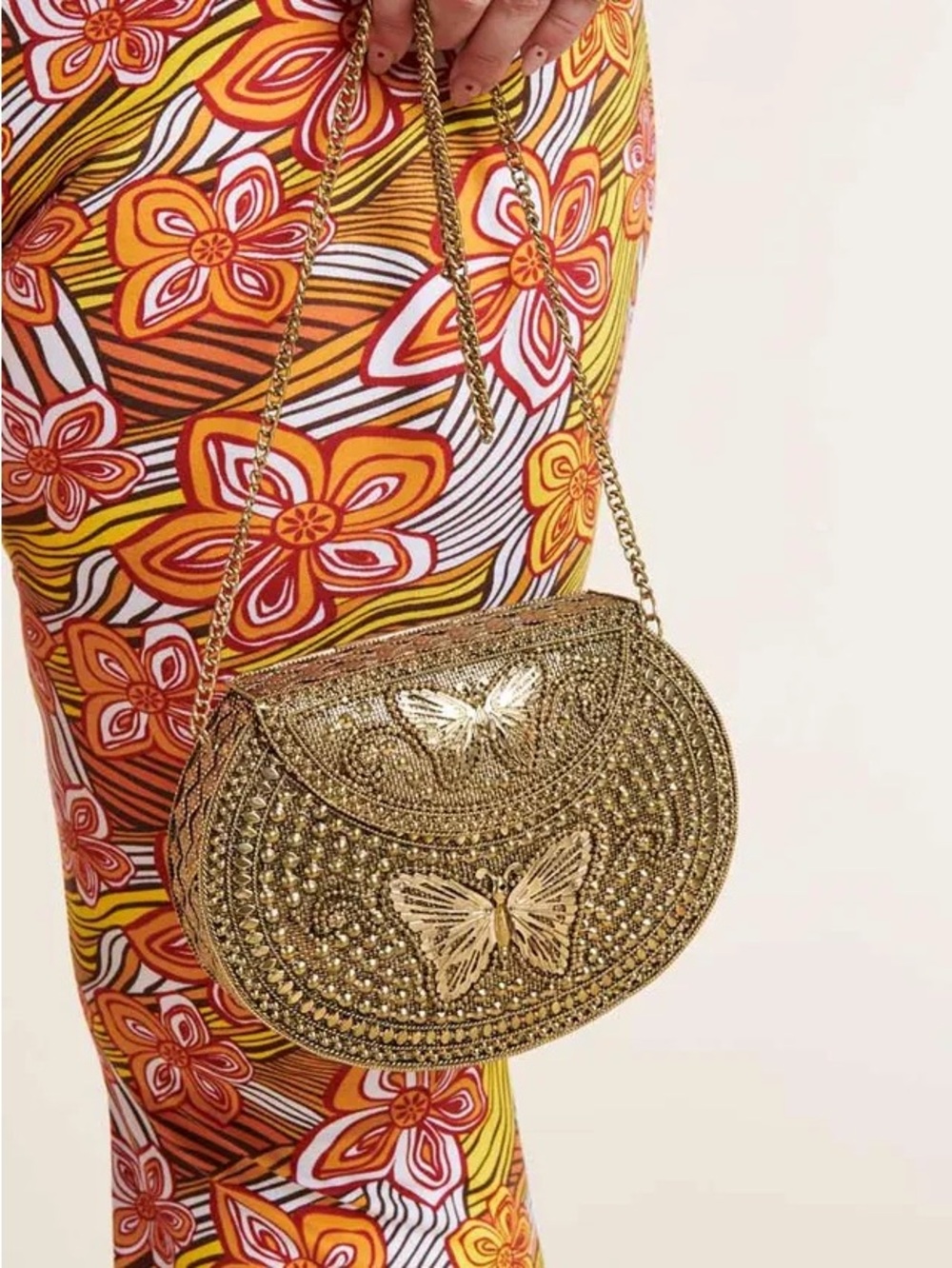 Earthbound Gold Beaded Butterfly Evening Crossbody Bag